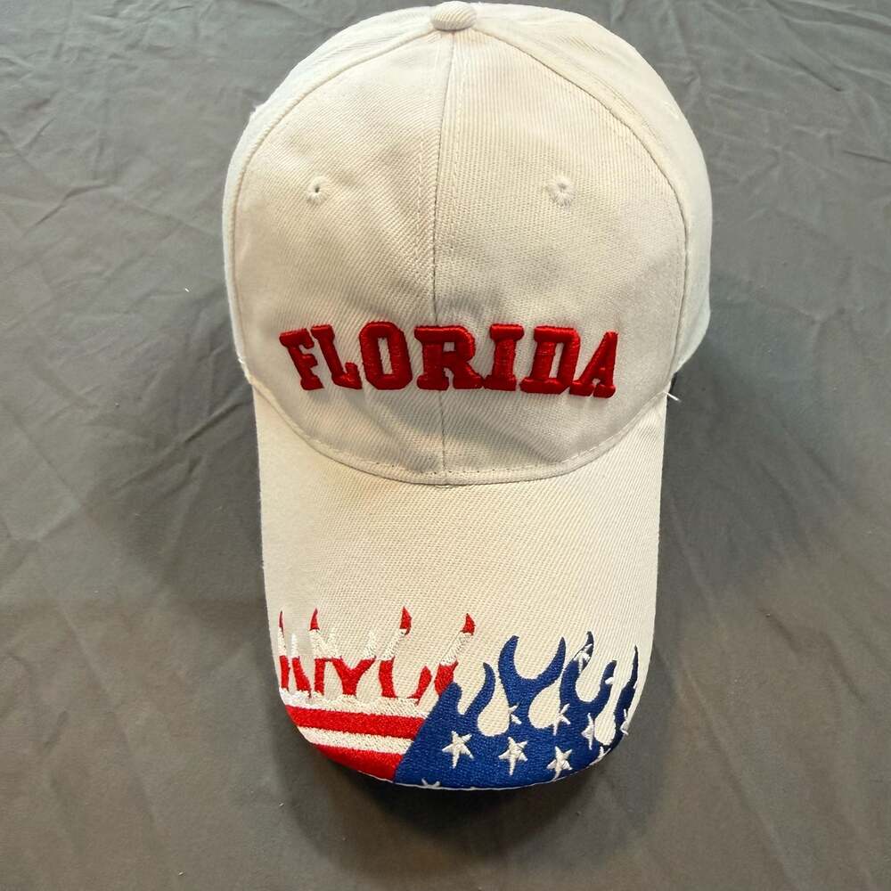 Florida USA Patriotic Flame Baseball Hat White Red Blue Embroidered OSFA